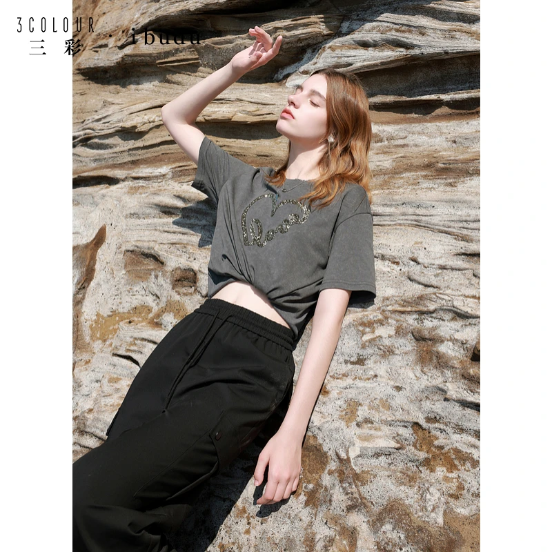 三彩ibudu2025春季新款爱心珠片绣宽松T恤圆领短袖套头衫女0038