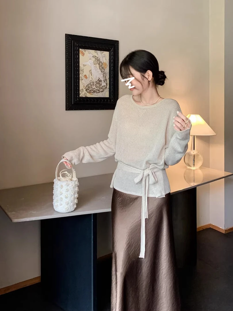 法式气质入秋穿搭套装镂空长袖针织罩衫女装秋季缎面半身裙两件套
