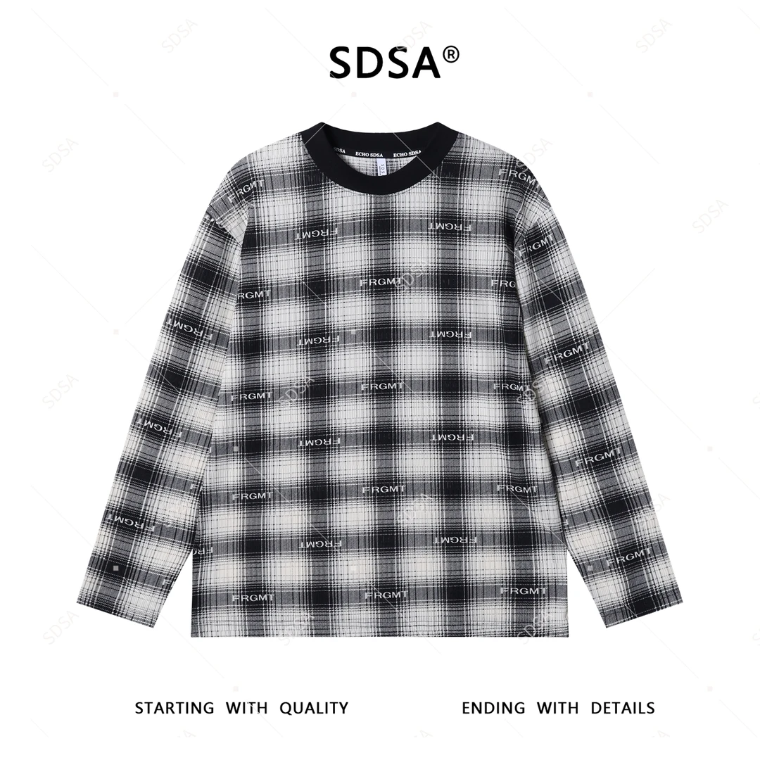 SDSA男士秋冬新款轻奢痞帅男装宽松格子潮流字母圆领长袖T恤百搭