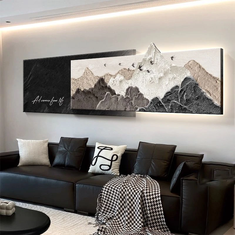 背有靠山立体客厅装饰画高级感沙发背景墙山水画挂画大白墙壁画灯