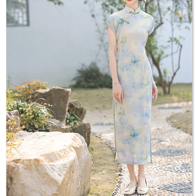 时尚改良年轻少女款新中式长款连袖旗袍2025春新款网纱旗袍气质潮