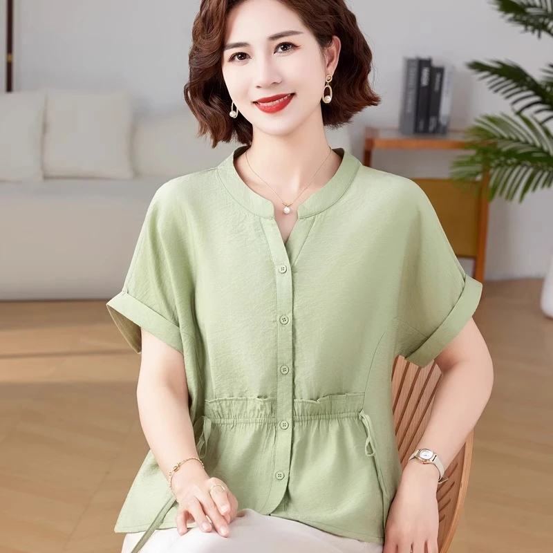 洋气妈妈夏季新款纯棉麻衬衫短袖套装中老年女装棉麻宽松上衣T恤