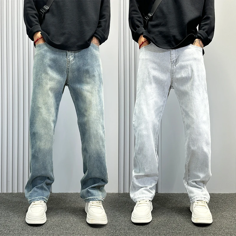 cleanfit微喇牛仔裤男浅色磨白做旧vintage弹力直筒堆积喇叭长裤