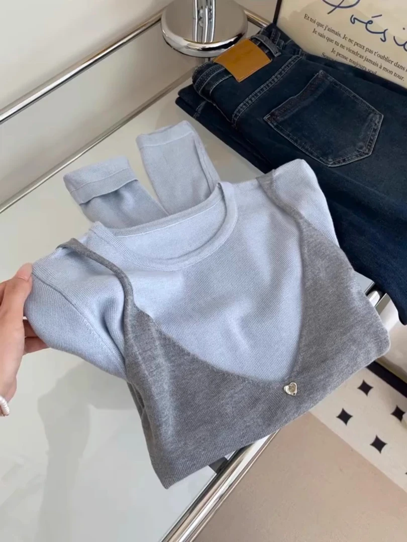 2025秋季新款假两件灰蓝撞色长袖针织衫秋季韩式时尚简约风上衣女