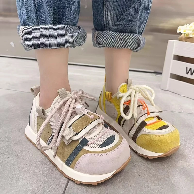 欧洲站厚底丑萌鞋女2025春新款百搭圆头松糕底拼色休闲运动德训鞋