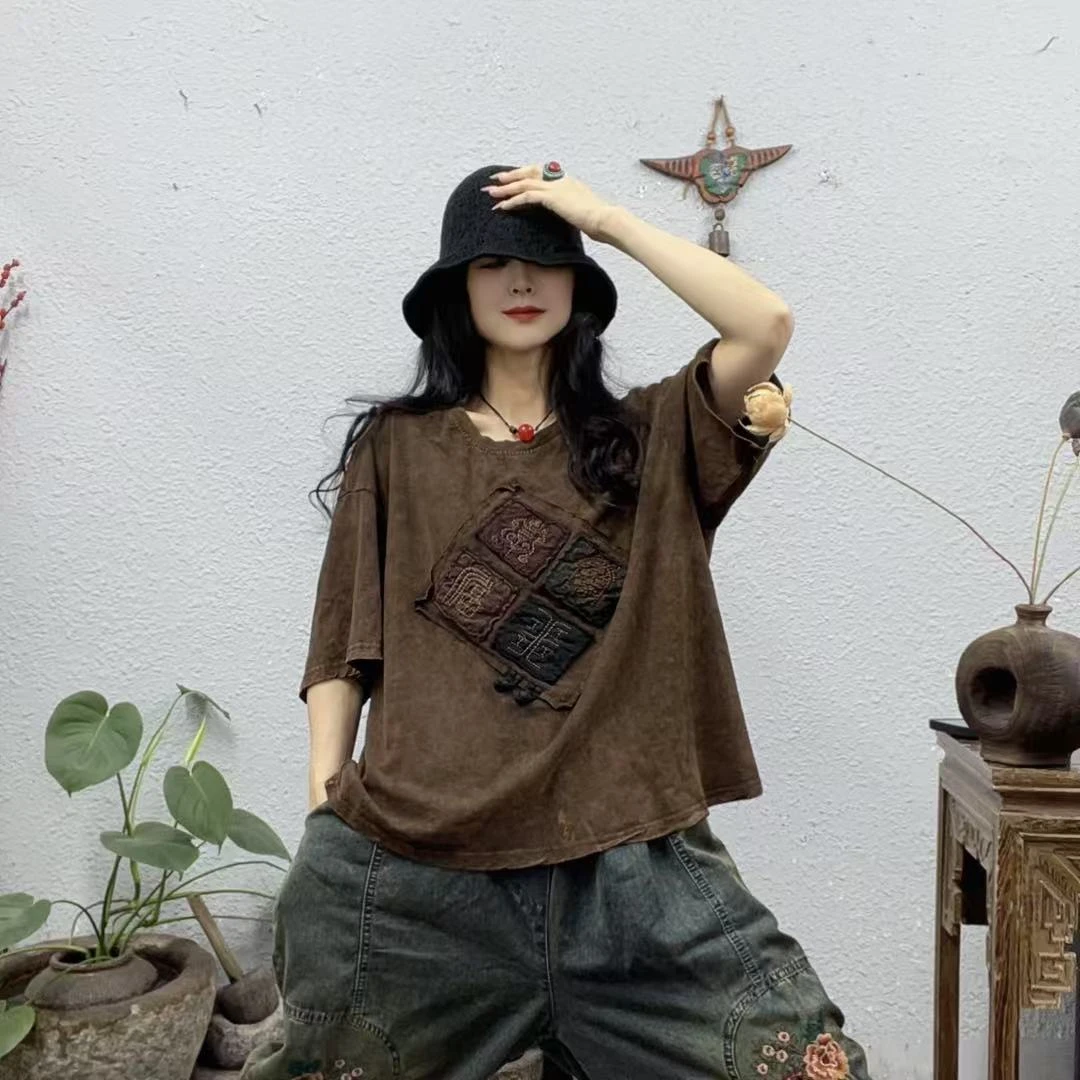 809前四菱形绣字贴布炒色棉T上衣（长61-63胸围126