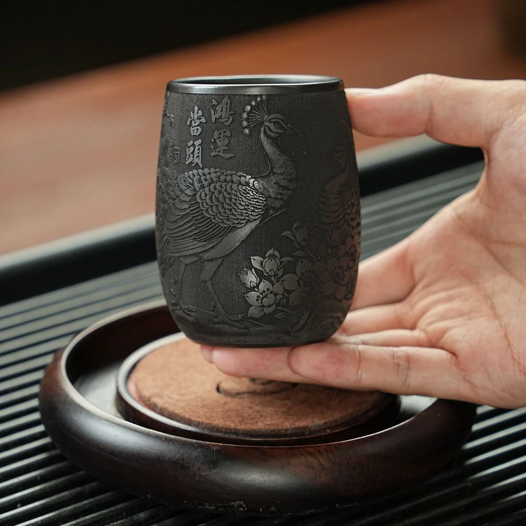 宜兴正宗原矿紫砂石黄纯手工刻鸿运当头高档家用紫砂主人杯