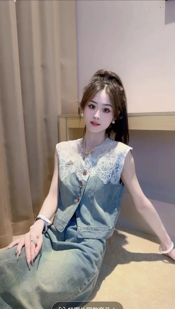 夏季新款蕾丝拼接无袖搭配开衩半裙套装