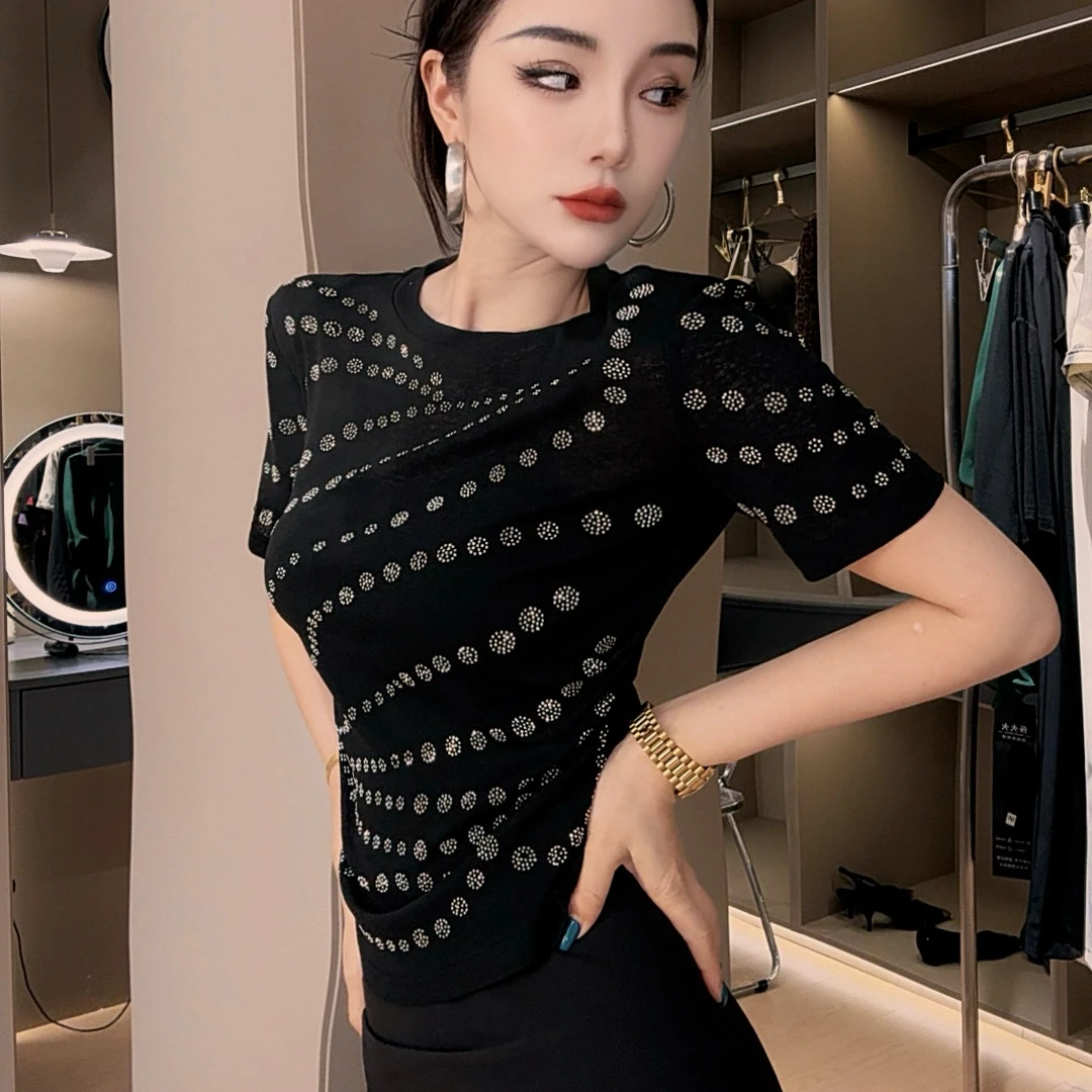 莎火火-黑色网纱上衣时尚烫钻修身显瘦网纱体恤衫短袖3040