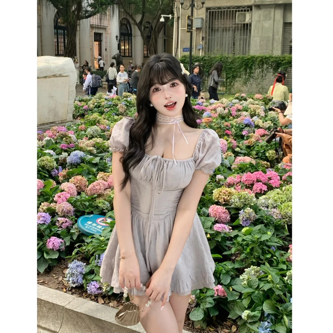清清萌面侠芝士【风吹初夏】纯欲甜美显瘦A摆短袖连衣裙 5081