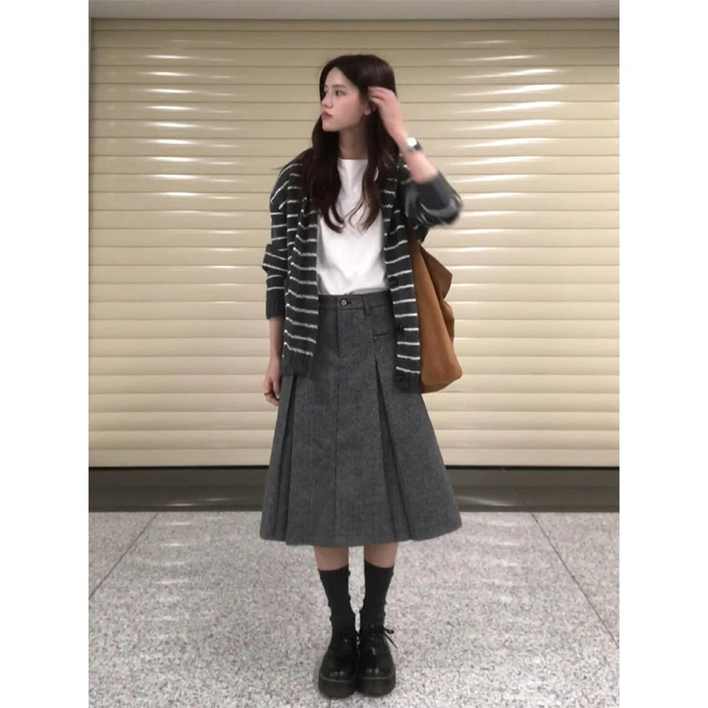 parkyeon秋冬新款条纹连帽针织开衫毛衣外套女高腰A字半身裙套装