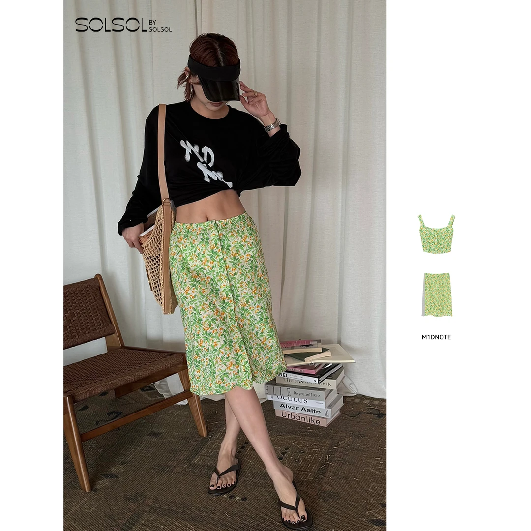 M1DNOTE小众设计师花卉图案装饰背心/花卉图案装饰鱼骨塑型半裙