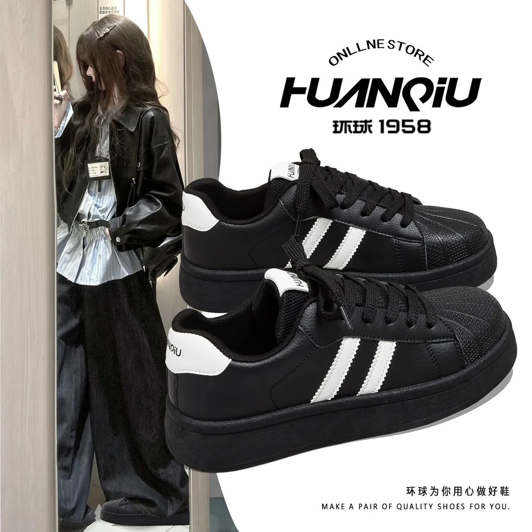 环球韩版黑色鞋子女学生休闲运动鞋厚底增高日常贝壳头板鞋小黑鞋