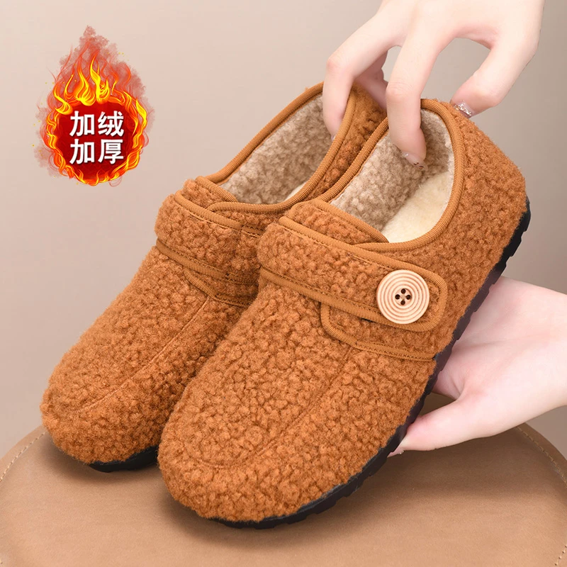 复古加绒平底女棉鞋老北京布鞋可爱圆头博肯鞋毛绒保暖豆豆棉鞋女