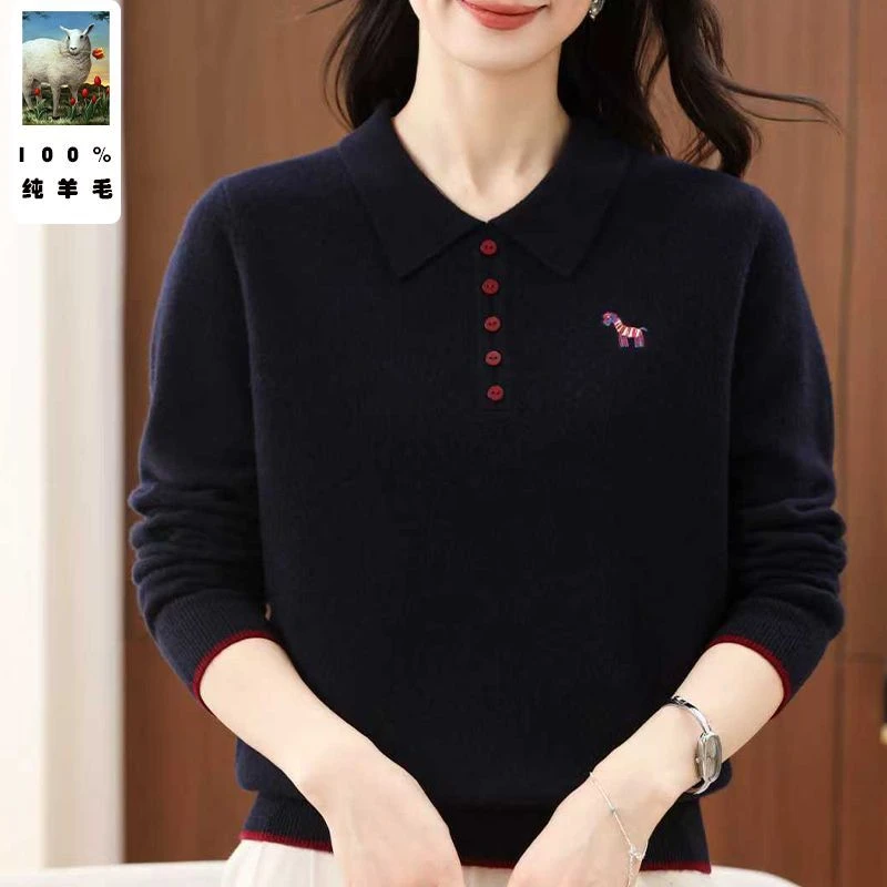 时尚妈妈新款100%纯羊毛针织打底衫女中老年宽松百搭保暖羊毛衫