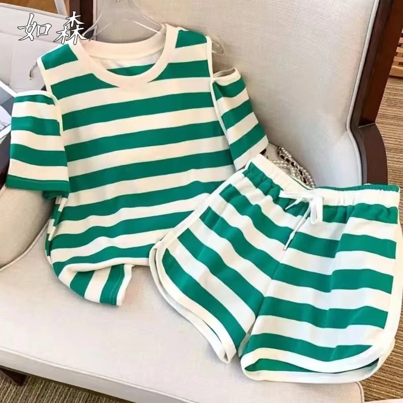 休闲运动套装女夏季胖MM特大码宽松条纹短袖短裤健身跑步服两件套