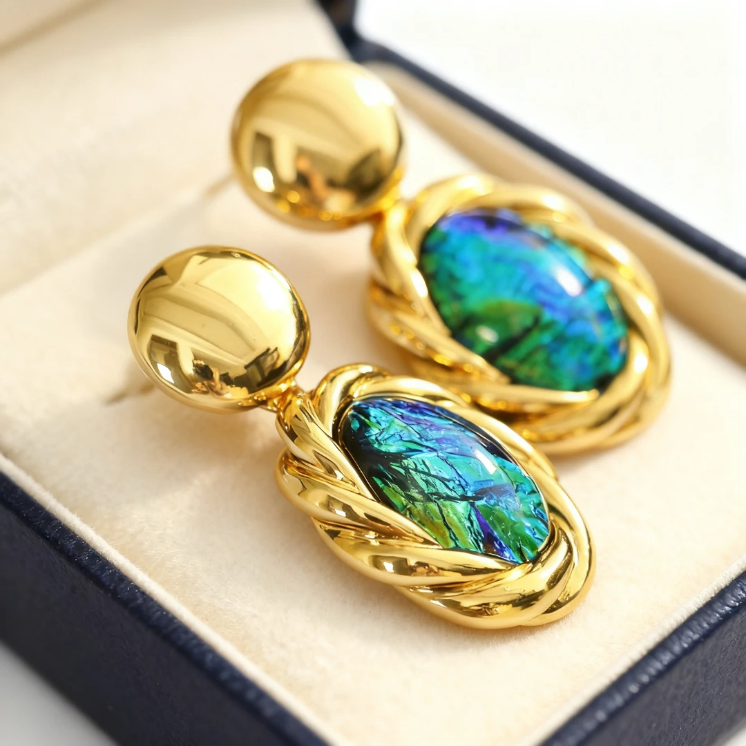 铜合金耳饰 幻彩高级感大气椭圆中古风耳环U279