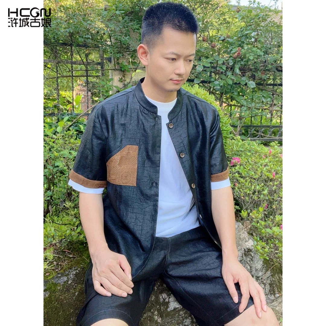 中国风男士短袖宽松桑蚕丝立领舒适黑色衬衫上衣WH0500460