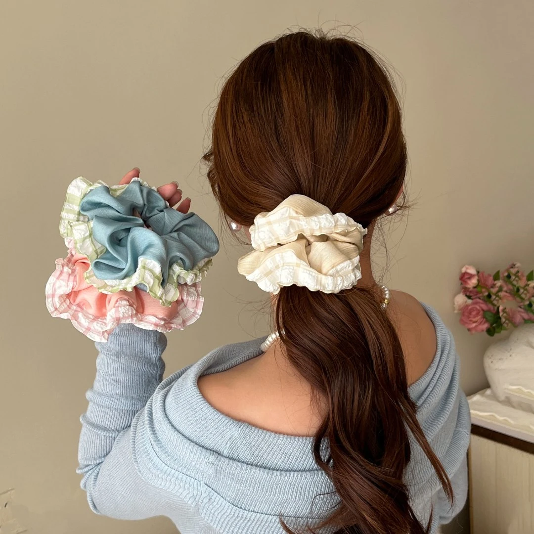 氛围感大肠发圈奶油格纹大肠发圈丸子头发绳头花气质百搭高级感