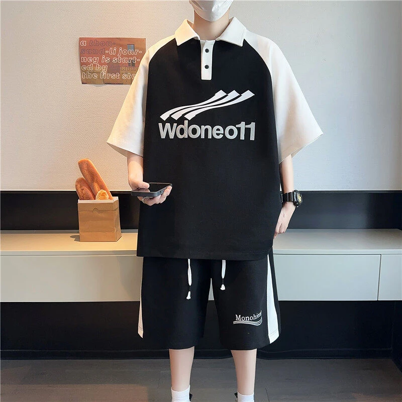 青少年套装男夏季休闲穿搭一整套潮牌拼接印花Polo衫短袖搭配短裤