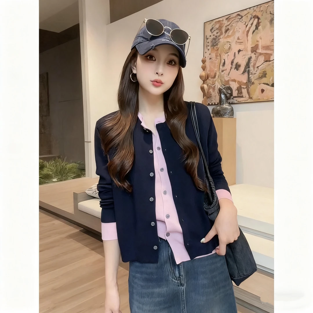 新款日常通勤洋气慵懒风宽松百搭显瘦撞色假两件针织衫