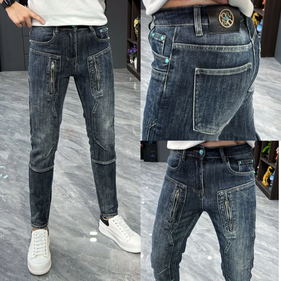 冬季新款男小脚牛仔裤拉链水洗蓝色机车百搭潮流男士高弹牛仔长裤