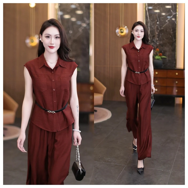 时尚衬衫套装女2025夏季新款收腰显瘦洋气减龄小个子阔腿裤两件套