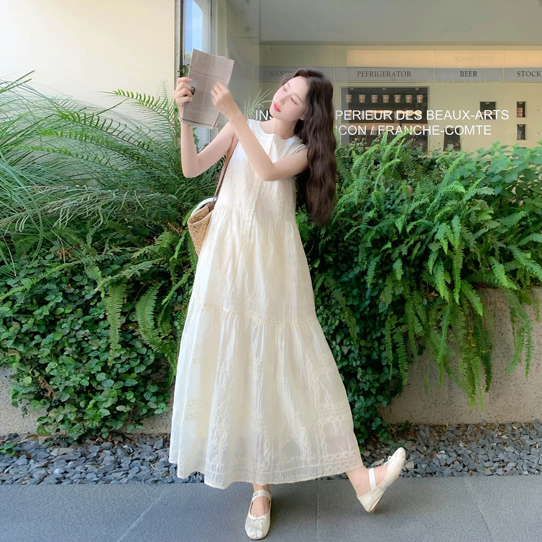 UQS2025新款夏季空调感连衣裙可可无袖连衣裙夏季海边度假连衣裙