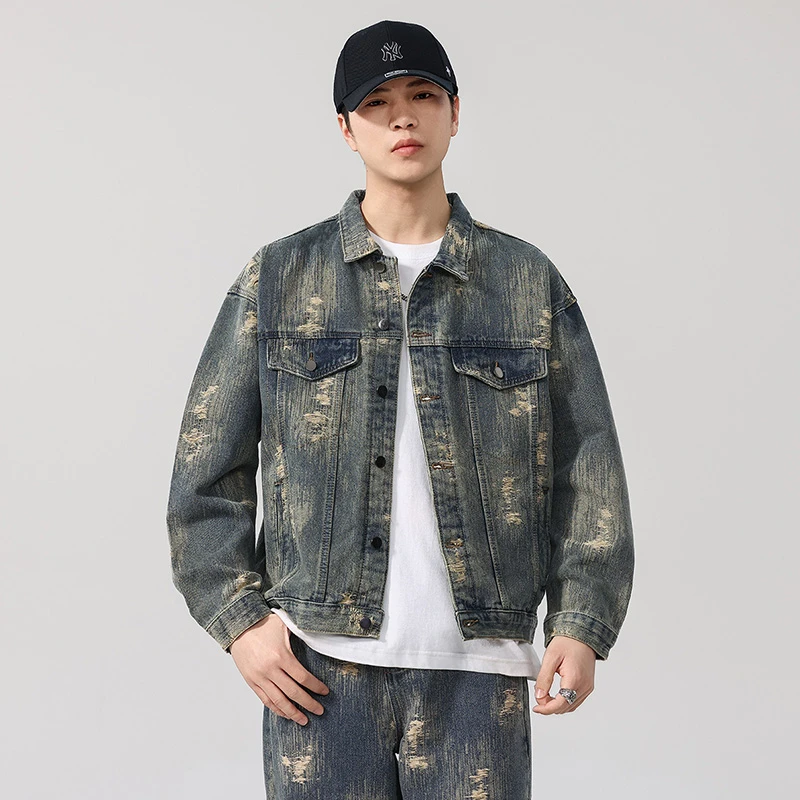 美式高街潮流提花牛仔夹克男复古宽松痞帅小众设计感水洗破洞外套