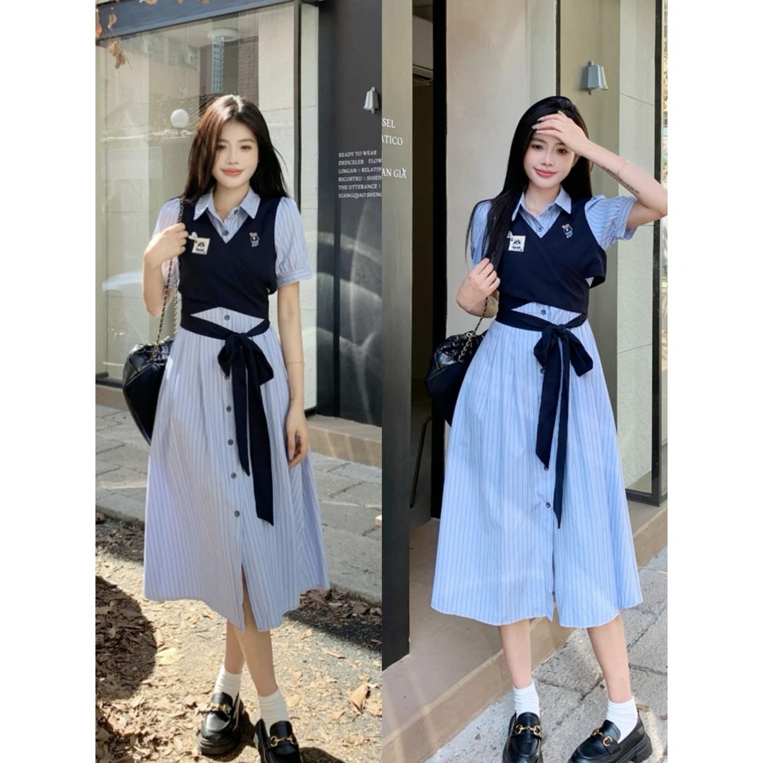 大码女装精致穿搭胖mm学院风条纹衬衫连衣裙法式马甲裙子时髦显瘦