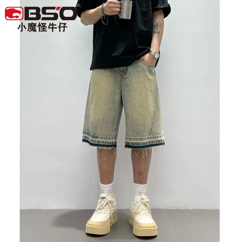 小魔怪春夏季薄款复古做旧牛仔短裤男士宽松直筒美式毛边五分中裤