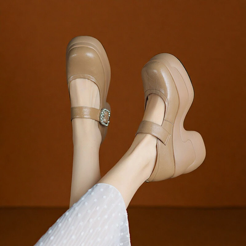 厚底松糕鞋女圆头真皮单鞋女小个子一字带浅口松糕底高跟鞋小皮鞋