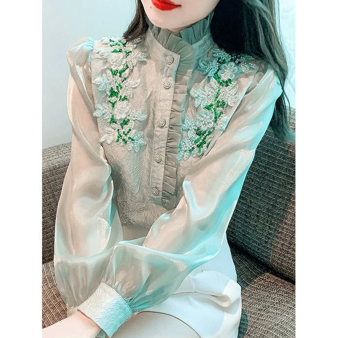 复古蕾丝立领抽褶小衫简约长袖公主袖直筒衬衫女2025新款春装