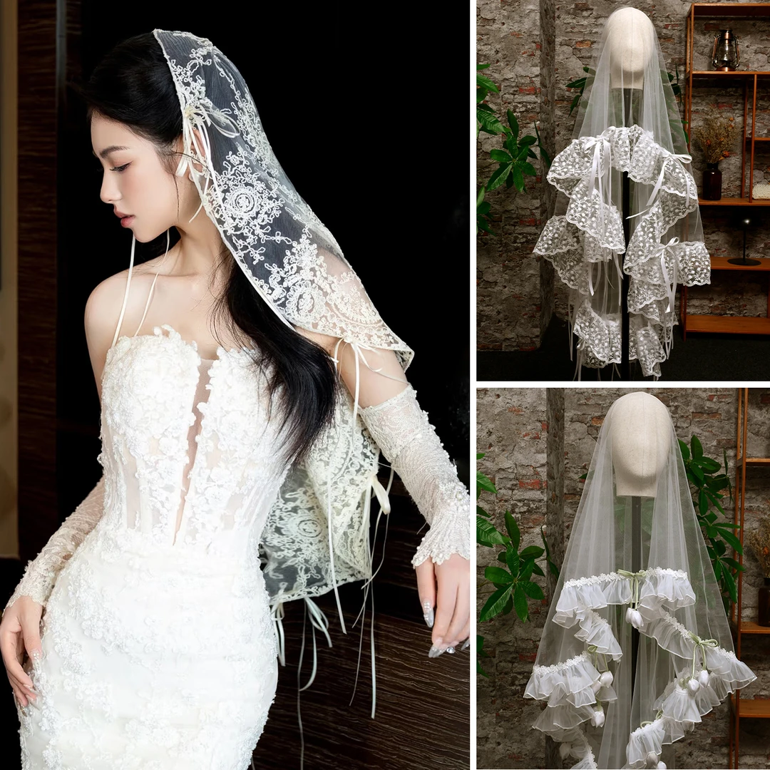 新娘唯美半透单层软纱蝴蝶结头纱礼服优雅甜美长款头纱新娘主婚纱