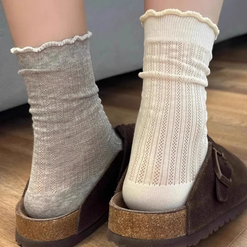 袜子女夏季薄款堆堆长筒白袜女孩纯色月子芭蕾风黑色配裙子勃肯鞋