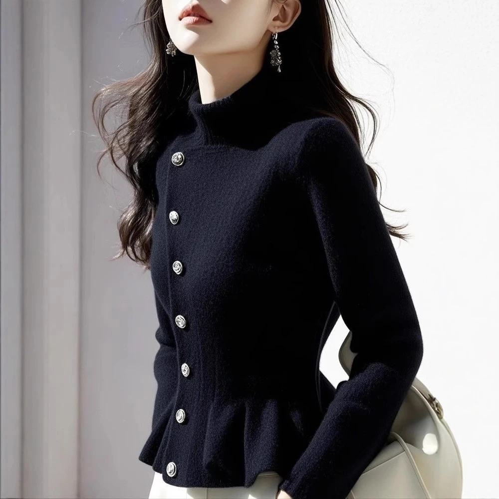 开衫毛衣秋冬冬季独特别致紫色掐腰织衫时尚小众洋气百搭设计感超