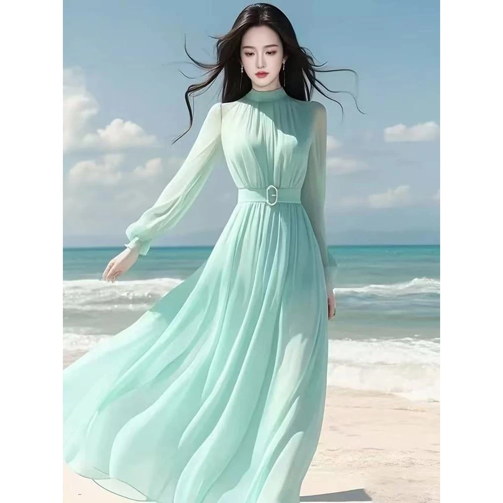 春季法式气质女神范温柔风绝美长裙高级感海边度假蓝色雪纺连衣裙