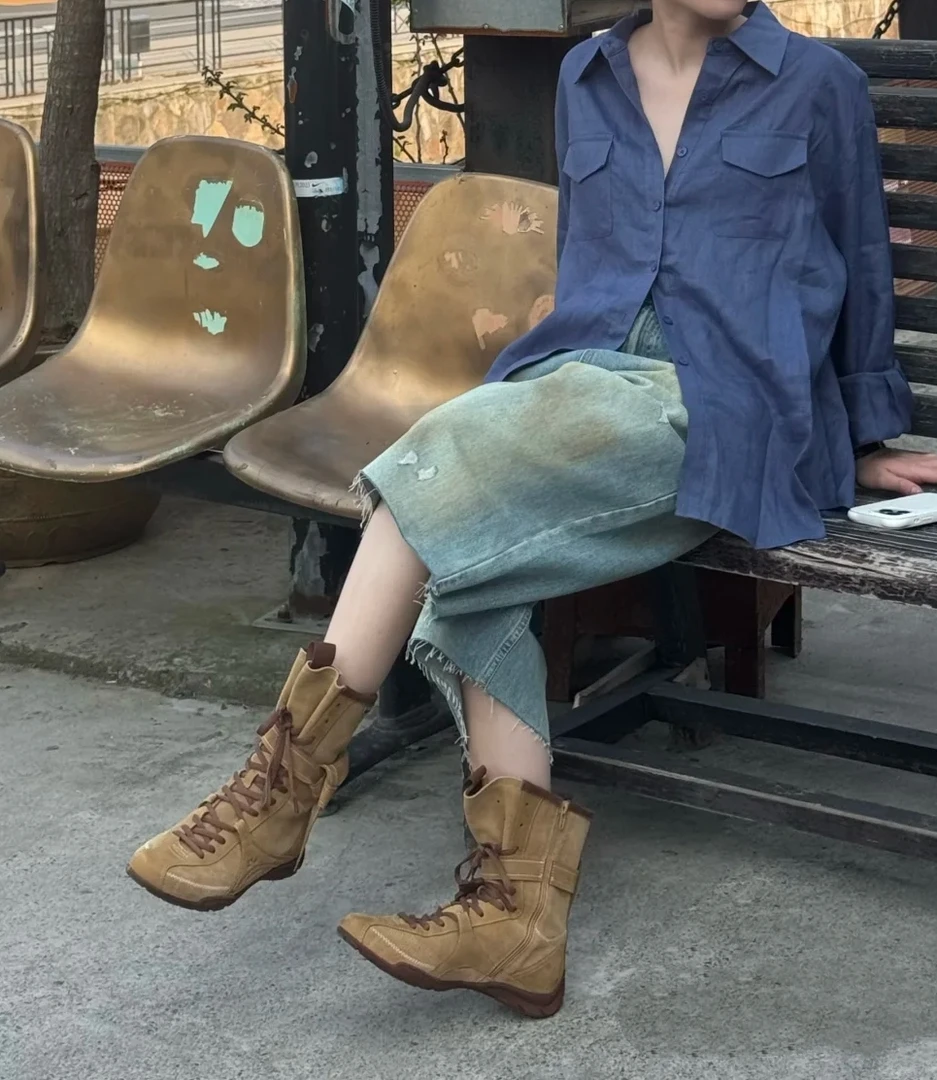 萝茜妮嫚新款2025百搭英伦风厚底牛仔做旧高帮复古真皮爆款马丁靴