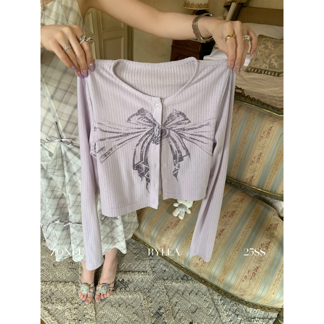 ZONEE Pillow tallk枕边话 法式蝴蝶结紫色印花圆领长袖针织开衫