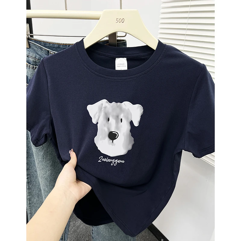 小众设计感正肩短袖T恤女夏季时尚休闲小狗印花显瘦别致圆领上衣