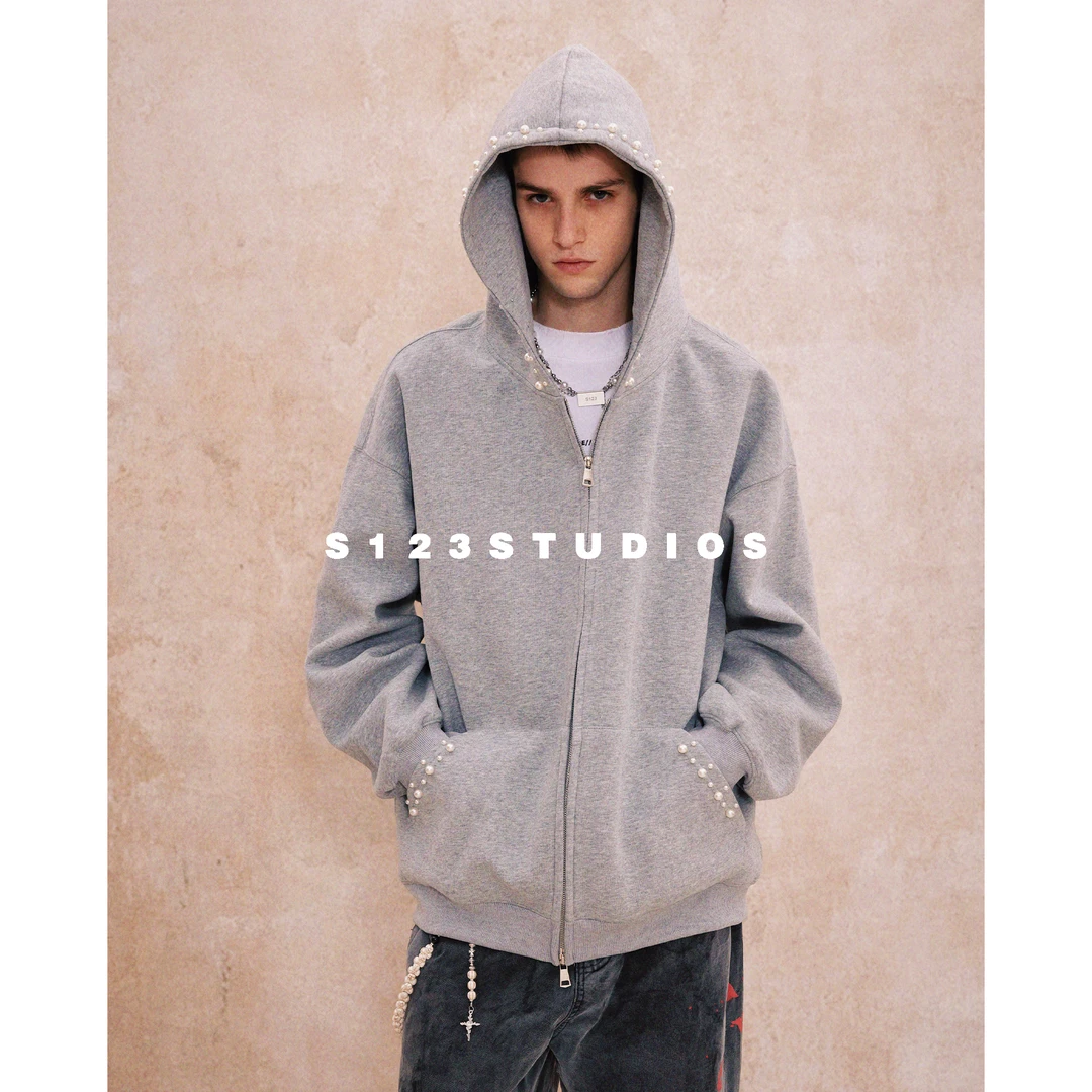 S123重工不规则珍珠镶嵌装饰连帽卫衣男女同款宽松休闲外套开衫潮