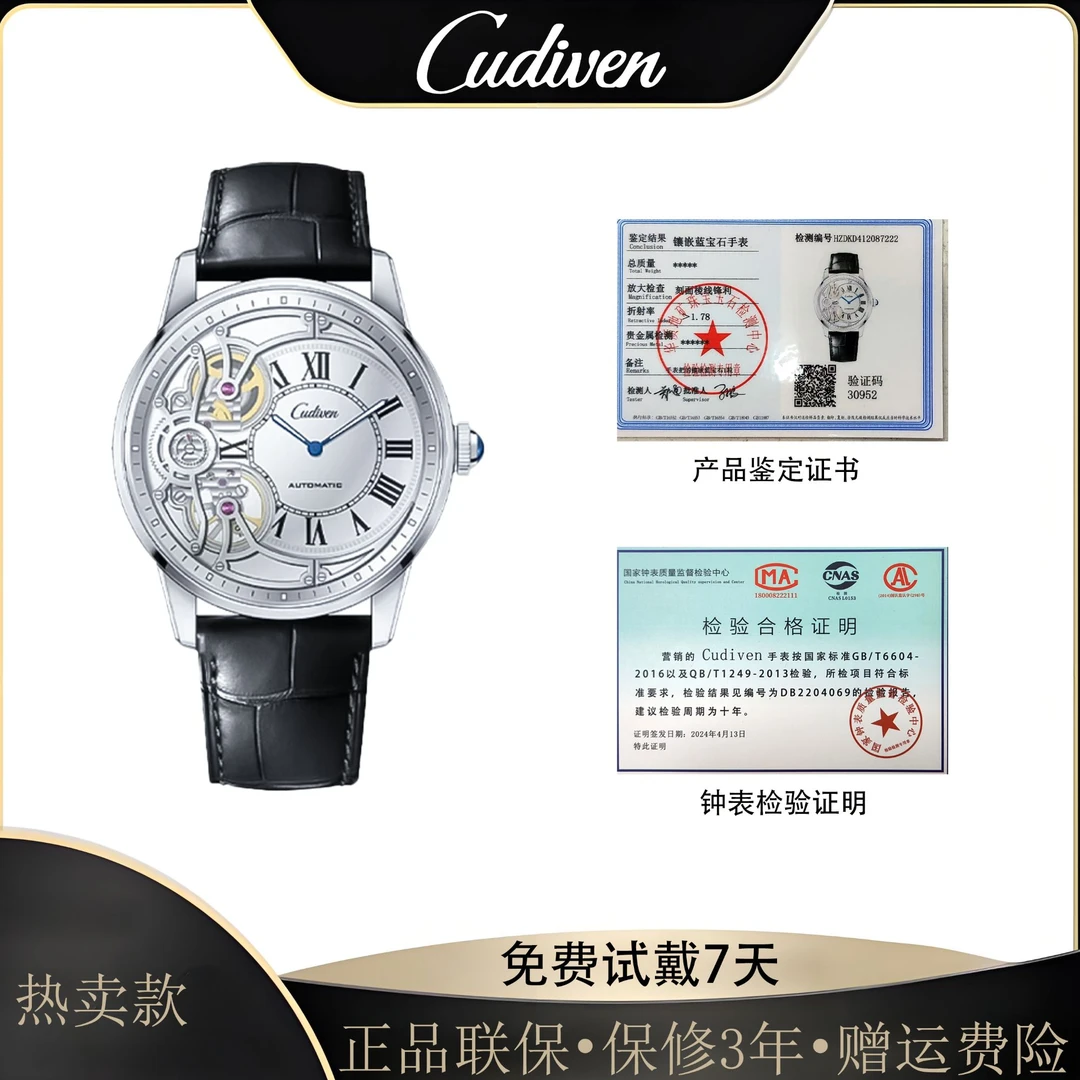 男士百搭潮流罗马刻度牛皮商务镂空双飞轮防水夜光手表通c168014
