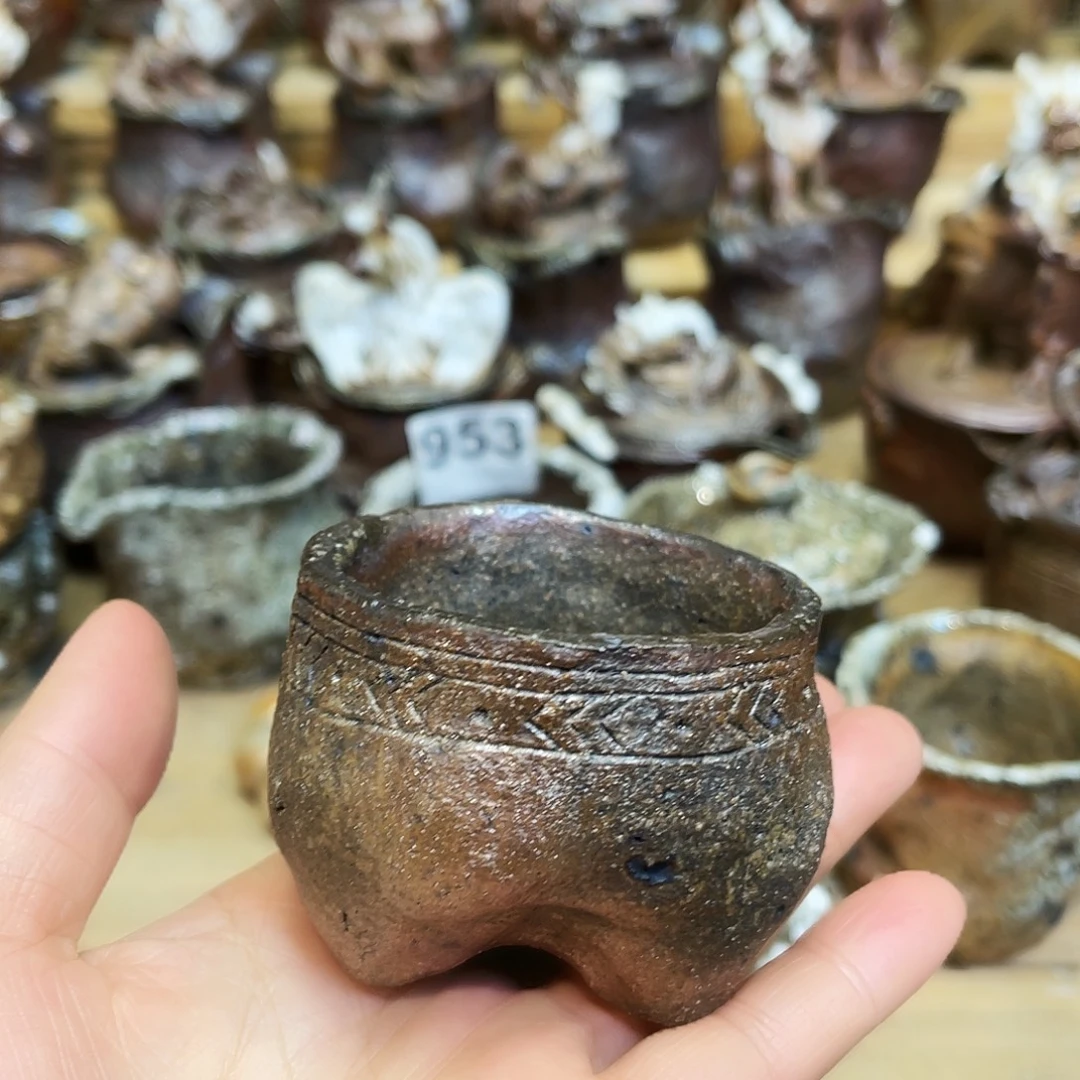 瓶柴烧粗陶手捏三足杯