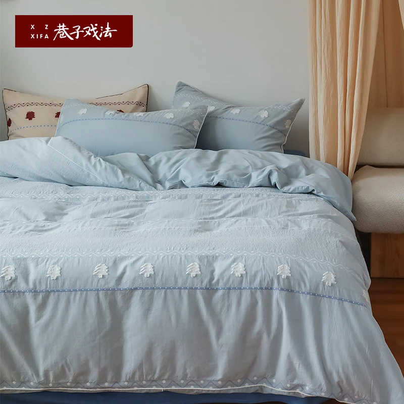 巷子戏法全棉纯棉提花磨毛床单四季轻奢四件套简约风被套床上用品