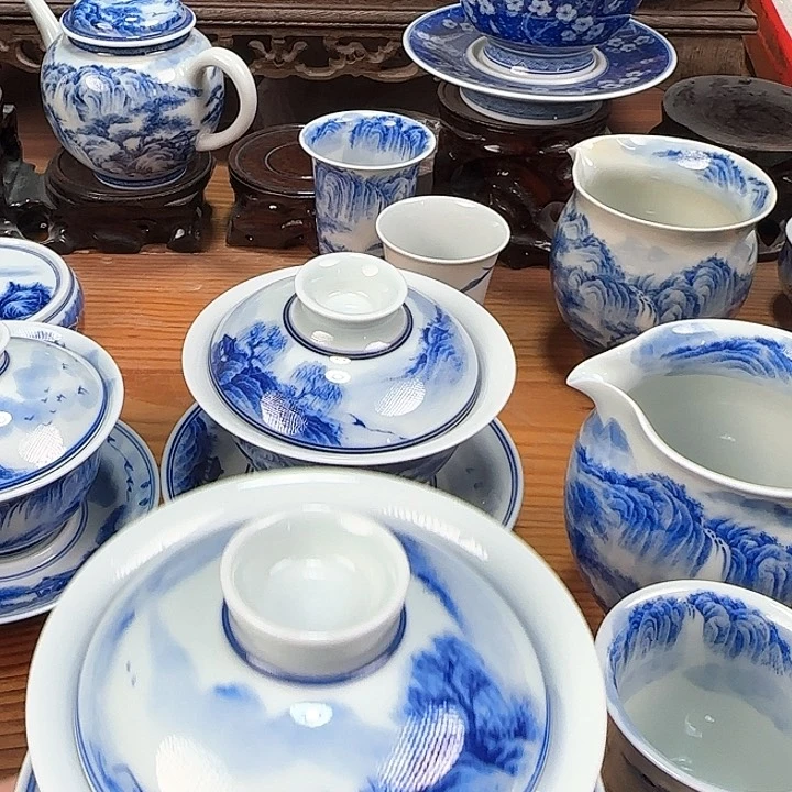 豆*喵青花山水三才盖碗（钱芬亲绘）