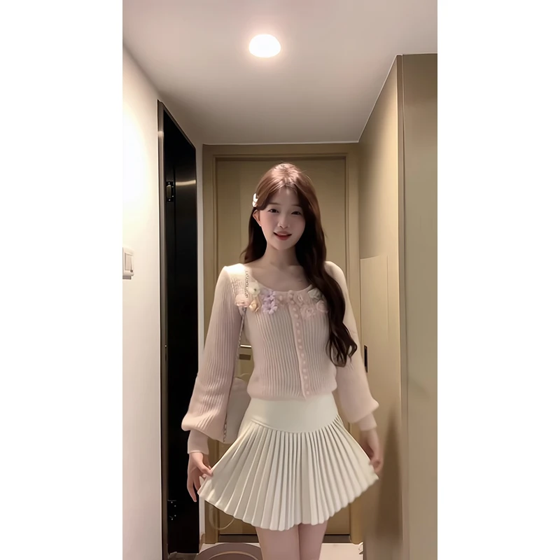 2025新款女士早春季时尚气质小众设计感针织开衫高腰显瘦半身裙