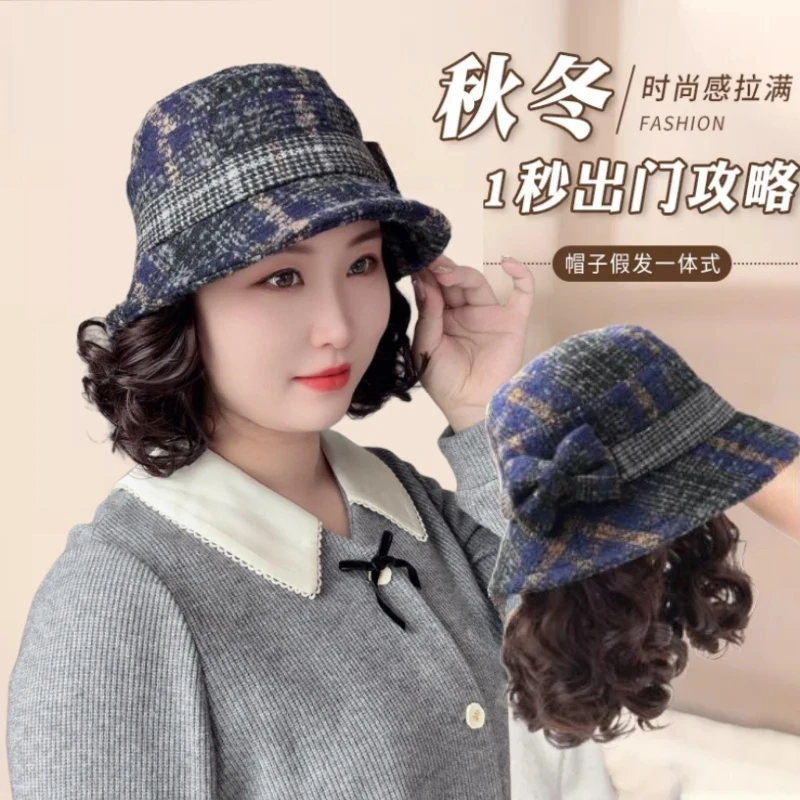 花芽假发女秋冬中老年妈妈帽子假发一体蓝色渔夫盆帽短卷发礼帽