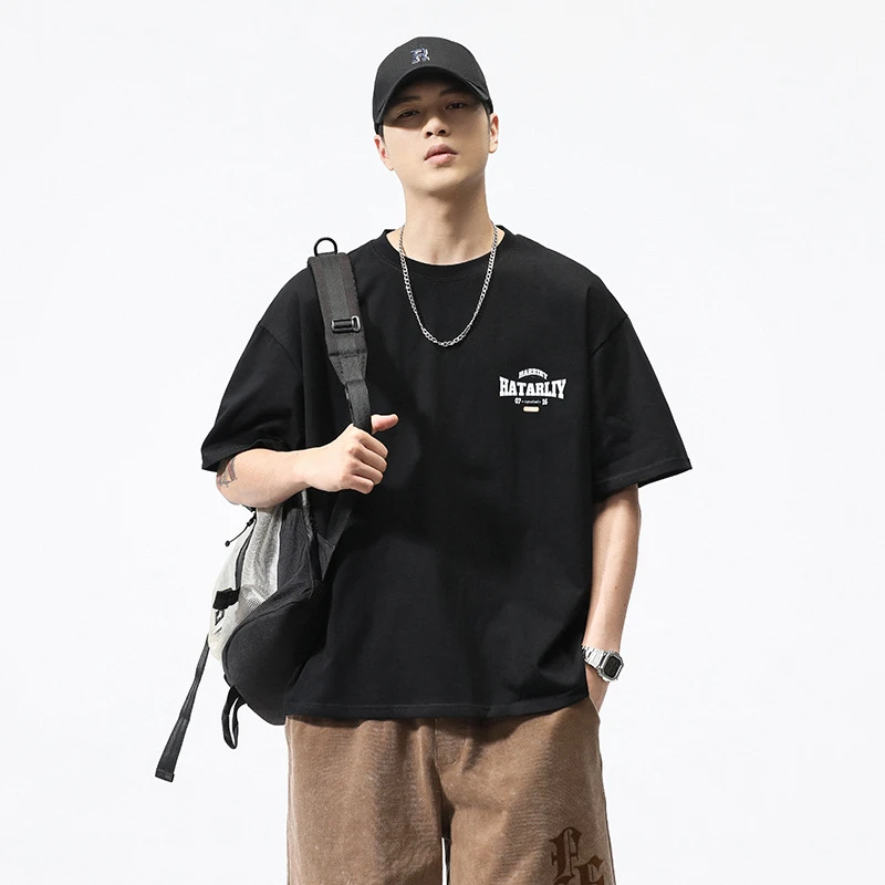 胖哈哈大码男装夏季新品240G重磅圆领T恤男简约宽松字母印花短袖