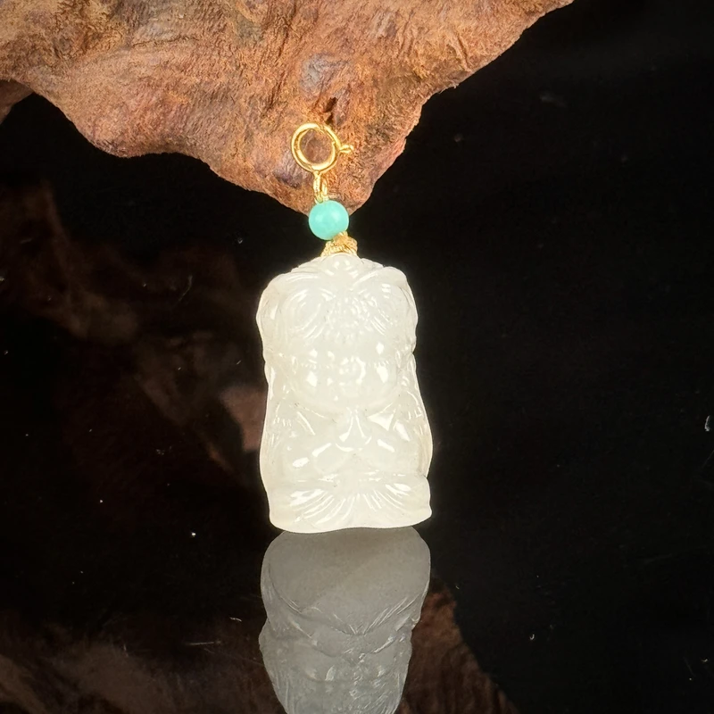 约14*22mm和田玉藕粉扎基拉姆18K金扣头吊坠