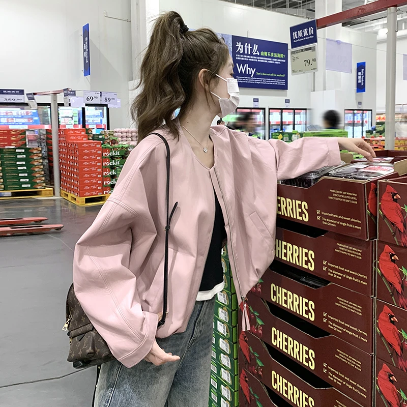 粉色超好看休闲皮衣外套女春季2025新款韩版甜美减龄pu皮夹克上衣
